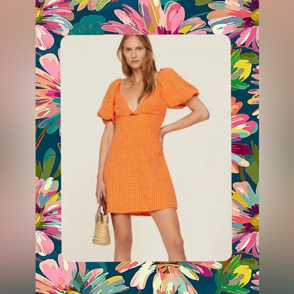 Louna x Rent the Runway Vibrant Orange Puff Sleeve Gingham Mini Dress Small